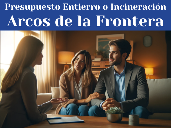 Una escena que captura a un matrimonio joven y atractivo, de entre 30 y 40 años, de Arcos de la Frontera, provincia de Cádiz, España, en una consulta detallada y respetuosa con una joven y atractiva directora de funeraria, de unos 35 años, sobre cómo organizar un funeral privado para un ser querido recientemente fallecido. Están teniendo una entrevista personal en un ambiente reconfortante y con una iluminación cálida que equilibra el tema sombrío con un toque de esperanza y comprensión. La escena es horizontal y en primer plano, asegurando una atmósfera personal e íntima. La escena no debe ser excesivamente triste, manteniendo un tono respetuoso y sereno. La descripción de la imagen, en español de España, incluirá la URL: https://www.funeralsinseguro.com/