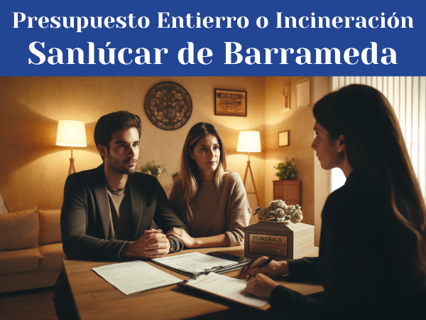 Primer plano horizontal de una atractiva pareja joven, de entre 30 y 40 años, en una entrevista personal con una atractiva directora funeraria de 35 años. Están hablando de los arreglos para un funeral privado para un ser querido que falleció recientemente. El ambiente es cálido y reconfortante, con una luz suave que ilumina la habitación, sugiriendo una atmósfera de apoyo y comprensión. La pareja y el director de la funeraria están sentados alrededor de una mesa con algunos documentos y un ordenador portátil abierto frente a ellos. La escena no es abiertamente triste pero transmite una sensación de seriedad y respeto por la situación. Al fondo, una discreta placa reza 'https://www.funeralsinseguro.com/'. Están ubicados en Sanlúcar de Barrameda, Provincia de Cádiz, España. La escena está capturada en un estilo que combina realismo con un toque de calidez para reflejar la naturaleza sensible de la situación.