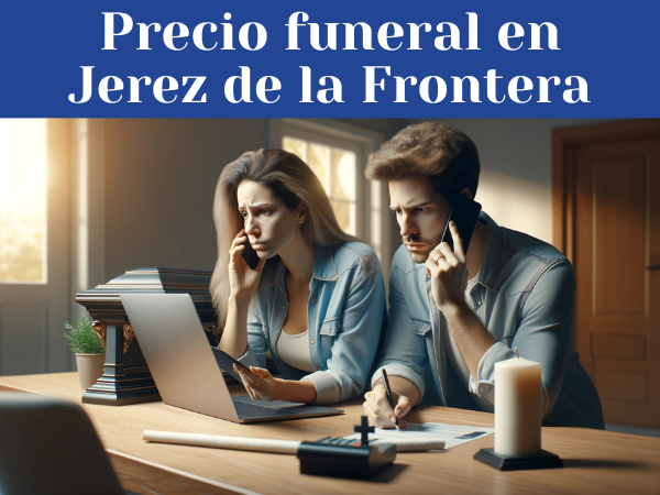 Imagen HD horizontal e hiperrealista de una pareja en su casa, afrontando la noticia de la muerte de un familiar cercano que no tenía seguro funerario. La imagen capta su reacción serena y tranquila mientras comienzan a gestionar los preparativos del funeral. Se les ve llamando por teléfono y buscando en Internet un servicio funerario asequible en Jerez de la Frontera, provincia de Cádiz. La atención se centra en su determinación y fortaleza, no en el dolor. En la imagen no se ven objetos relacionados con el funeral, como ataúdes o pantallas de ordenador.