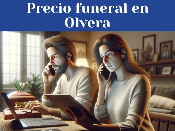 Imagen HD horizontal e hiperrealista de una pareja en su casa de Olvera, provincia de Cádiz, afrontando la muerte de un ser querido que no tenía seguro funerario. La imagen muestra su actitud serena y tranquila mientras llaman por teléfono y buscan en Internet un servicio funerario asequible. La atención se centra en su determinación y proactividad a la hora de afrontar la situación. La imagen no muestra las pantallas de sus dispositivos, ni ningún artículo relacionado con el funeral, como ataúdes, urnas u otros elementos funerarios.