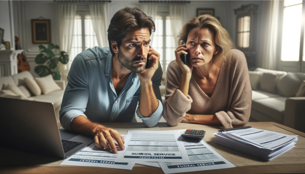 Cree una imagen HD horizontal hiperrealista de una pareja caucásica, con cara de preocupación. Uno de ellos está hablando por un teléfono móvil mientras el otro mira un ordenador portátil. Sobre la mesa, hay varios documentos que parecen ser presupuestos de servicios funerarios. La pareja está en su casa de Tarifa, en la provincia de Cádiz, buscando en Internet y llamando por teléfono para organizar un servicio funerario asequible. La escena capta su determinación y serenidad a la hora de afrontar la situación, haciendo hincapié en sus acciones y expresiones de preocupación más que de dolor.