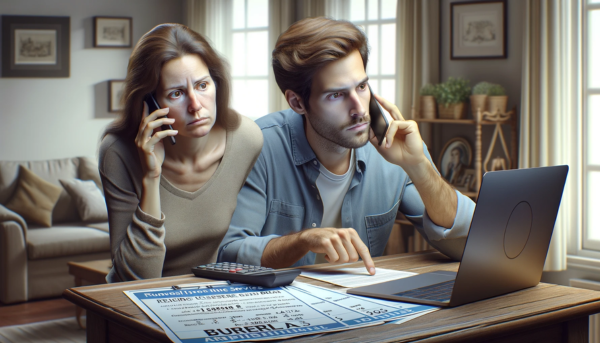 Imagen HD horizontal hiperrealista de una pareja caucásica en su casa de Trebujena, provincia de Cádiz, que muestra expresiones de preocupación. Una de las personas habla por teléfono móvil y la otra consulta un ordenador portátil. Sobre la mesa hay varios documentos que parecen ser presupuestos de servicios funerarios. La pareja busca con calma y determinación en Internet y llama por teléfono para encontrar un servicio funerario asequible. Sus acciones transmiten compostura y serenidad ante una situación difícil, mientras navegan por estos preparativos.