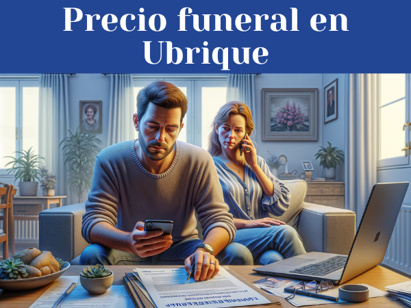 Imagen horizontal que representa a un matrimonio en estilo hiperrealista de alta definición, enfrentado al reto de organizar el funeral de un pariente cercano que carecía de póliza de seguro funerario. La pareja aparece con una actitud serena y tranquila, lo que indica que aceptan la responsabilidad de hacerse cargo de los gastos funerarios. Están en un modesto salón, con una persona con un teléfono móvil en la mano, haciendo llamadas, y la otra navegando en un ordenador portátil, pero las pantallas no son visibles. El escenario sugiere un enfoque práctico para organizar un funeral económico en Ubrique, provincia de Cádiz, España. La imagen se centra en la resistencia y la calma de la pareja a la hora de manejar la situación, más que en el dolor o la tragedia.