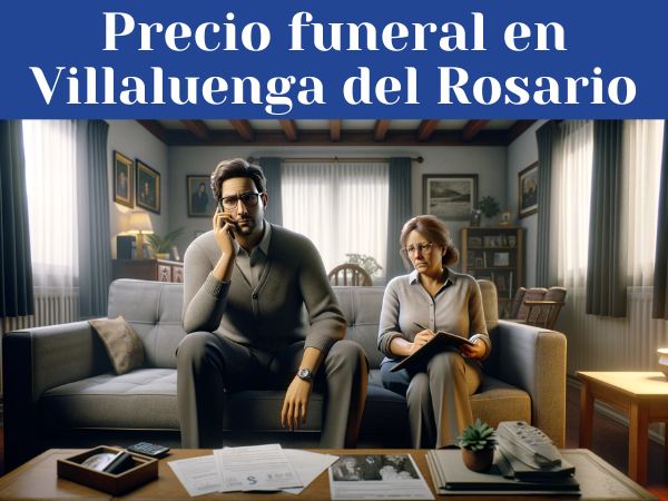 Imagen que representa a un matrimonio sentado en el salón de su casa, afrontando una situación difícil con fortaleza y serenidad. La pareja, de unos 40 años, se enfrenta al fallecimiento de un familiar cercano que no tenía seguro funerario. La escena es realista y en alta definición, transmitiendo un sentido de responsabilidad más que de tragedia. El hombre, con un sencillo jersey y gafas, habla por el móvil con seriedad. La mujer, vestida con una blusa informal, está a su lado, pensativa y serena, con un cuaderno y un bolígrafo en la mano, como si tomara notas. La habitación está modestamente amueblada, con un sofá, una mesita baja y algunas fotos familiares en la pared. No se ve ninguna pantalla de ordenador ni ningún ataúd. El ambiente es solemne pero tranquilo, lo que refleja su determinación de ocuparse de los preparativos funerarios para un modesto entierro en Villaluenga del Rosario, provincia de Cádiz.