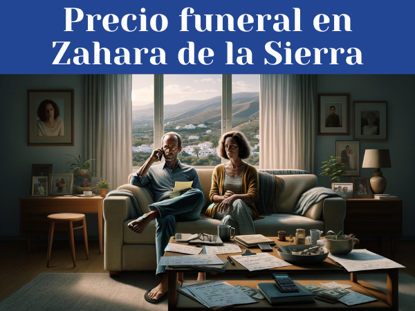 Imagen hiperrealista de un matrimonio en una habitación, con aire de serenidad compuesta, que se enfrenta al reto de organizar un funeral sin seguro. Son de mediana edad, visten ropa informal y cómoda, y están sentados juntos en un sofá del salón. La habitación está modestamente amueblada, con algunas fotos familiares en las paredes y una vista de Zahara de la Sierra, en la provincia de Cádiz, visible a través de una ventana. El marido sostiene un teléfono móvil junto a la oreja y mira pensativo un bloc de notas sobre la mesita, lleno de anotaciones y cifras escritas a mano. La mujer está sentada a su lado, mirando a lo lejos, reflexionando sobre su situación con una expresión tranquila y decidida. La atención se centra en su resistencia y en el aspecto práctico de su situación, no en el elemento trágico. La atmósfera es de serena fortaleza y resolución, sin pantallas ni representación explícita del dolor.