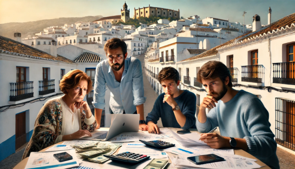 Una imagen hiperrealista en pantalla ancha de tres o cuatro miembros de una familia mirando presupuestos y haciendo gestiones, con expresión seria pero no de mal humor, ambientada en Vejer de la Frontera, Cádiz. El fondo presenta edificios blancos tradicionales andaluces, calles estrechas y una vista panorámica del paisaje de la ciudad. La familia está reunida alrededor de una mesa con papeles, portátiles y calculadoras, centrándose intensamente en sus tareas. https://www.funeralessinseguro.com/