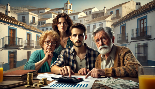 Una imagen hiperrealista en formato panorámico de un grupo de tres o cuatro miembros de una familia mirando presupuestos y haciendo cálculos. Tienen una expresión seria pero no de mal humor. El escenario es Villaluenga del Rosario, Cádiz, con casas encaladas tradicionales andaluzas y un ambiente rústico y encantador de pueblo al fondo. https://www.funeralessinseguro.com/