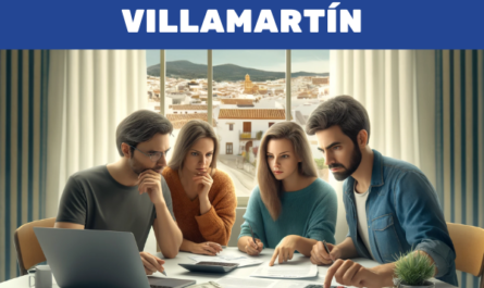 Imagen hiperrealista de 3 o 4 miembros de la familia mirando presupuestos y haciendo gestiones, con expresión seria pero no de mal humor. El escenario es Villamartín, Cádiz. Están reunidos alrededor de una mesa con papeles, portátiles y calculadoras, en una sala moderna y luminosa con una ventana que da a la ciudad. La gente está vestida de manera informal y parece concentrada y comprometida con su tarea. https://www.funeralessinseguro.com/