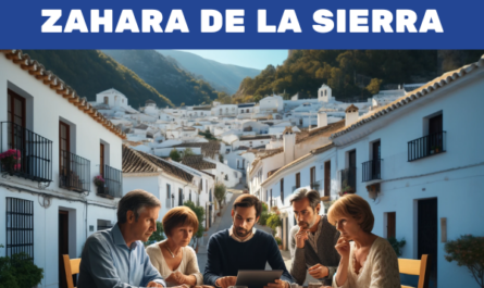 Imagen hiperrealista de 3 ó 4 miembros de una familia mirando presupuestos y haciendo gestiones, con expresiones serias pero no enfadadas, ambientada en Zahara de la Sierra, Cádiz. El fondo muestra las pintorescas casas blancas del pueblo, las calles estrechas y el paisaje natural circundante del Parque Natural de la Sierra de Grazalema. Los miembros de la familia están sentados alrededor de una mesa con papeles y un ordenador portátil, profundamente enfrascados en conversaciones y cálculos. https://www.funeralsinseguro.com/