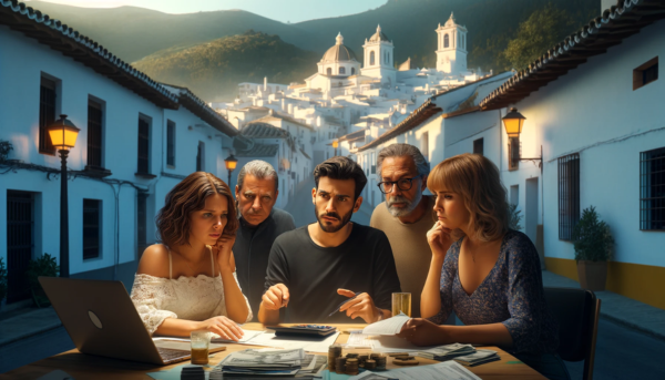 Imagen hiperrealista de 3 ó 4 miembros de una familia mirando presupuestos y haciendo gestiones, con expresiones serias pero no enfadadas, ambientada en Zahara de la Sierra, Cádiz. El fondo muestra las pintorescas casas blancas del pueblo, las calles estrechas y el paisaje natural circundante del Parque Natural de la Sierra de Grazalema. Los miembros de la familia están sentados alrededor de una mesa con papeles y un ordenador portátil, profundamente enfrascados en conversaciones y cálculos. https://www.funeralsinseguro.com/