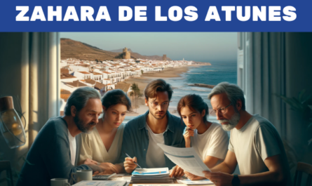 Imagen hiperrealista de tres o cuatro miembros de una familia mirando presupuestos y haciendo gestiones, con expresión seria pero no enfadada, en Zahara de los Atunes, Cádiz. La escena incluye una mesa moderna con papeles, ordenadores portátiles y calculadoras extendidos. Al fondo, el hermoso paisaje costero de Zahara de los Atunes es visible a través de grandes ventanales. Los miembros de la familia están vestidos de forma informal, con expresiones de concentración, colaborando y discutiendo sus planes. El ambiente es serio pero no tenso, con una vibración profesional y de colaboración. https://www.funeralsinseguro.com/